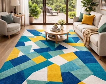Mid-Century Modern Geometric Area Rug | Teal, Navy, Yellow, White Abstract Carpet