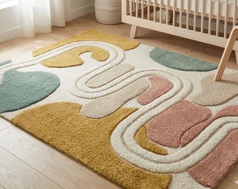 Hand-Tufted Abstract Rug – Organic Shapes, Wavy Lines, Mid-Century Pastel Area Rug