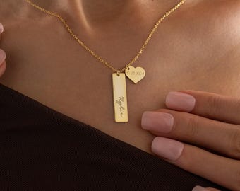 Engraved Bar Necklace, Heart Necklace, Personalized Jewelry, Silver Necklace, Name Necklace, Custom Gifts, Anniversary Gift, Valentines Gift