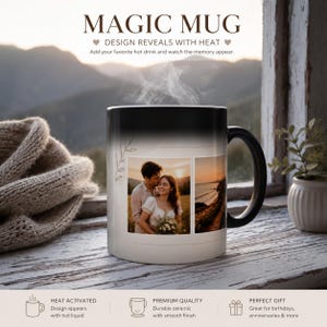 May include: A black ceramic magic mug that reveals a design with heat. The mug features two rectangular photo panels showing a couple and a coastal sunset, accented by a delicate line-art botanical illustration on a white background.