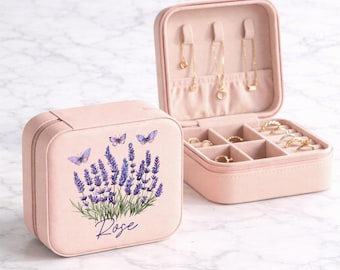 Joyero de viaje personalizado con mariposa lavanda, regalo con nombre personalizado