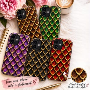 Dragon Scale Phone Case, Fantasy Dragon Egg Case, Hand Painted Watercolor Style, Unique Gift for Her, iPhone Case, Gold Foil Print