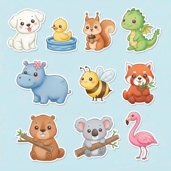 Kawaii Animal Sticker Set – Watercolor Style Die-Cut Planner Laptop Decorations