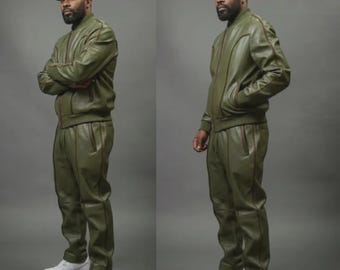 Men Leather Tracksuit Jogging Suit Olive Green Jacket Pants