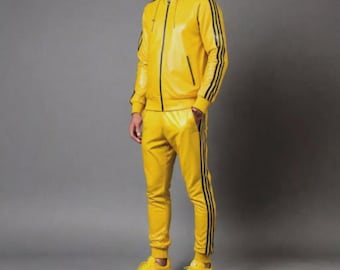 Handmade Leather Tracksuit - Men's White & Yellow Style