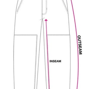 May include: Diagram of pants with labeled measurements. The diagram shows the waist, outseam, inseam, and leg opening measurements. Pink arrows indicate the measurement points on the pants.