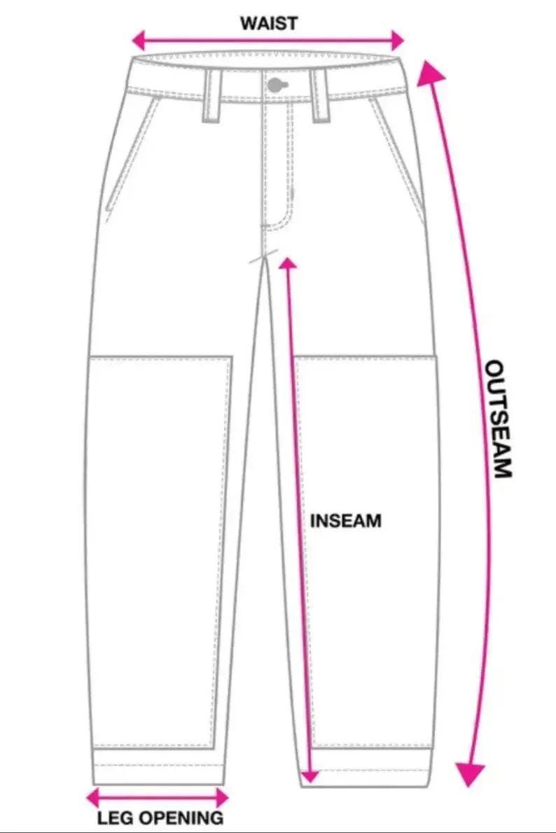 May include: Diagram of pants with labeled measurements. The diagram shows the waist, outseam, inseam, and leg opening measurements. Pink arrows indicate the measurement points on the pants.