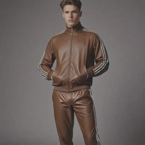 May include: A brown leather tracksuit featuring a zip-up jacket with white stripes on the sleeves and matching pants. The jacket has a high collar and pockets. The tracksuit is made of a shiny material.