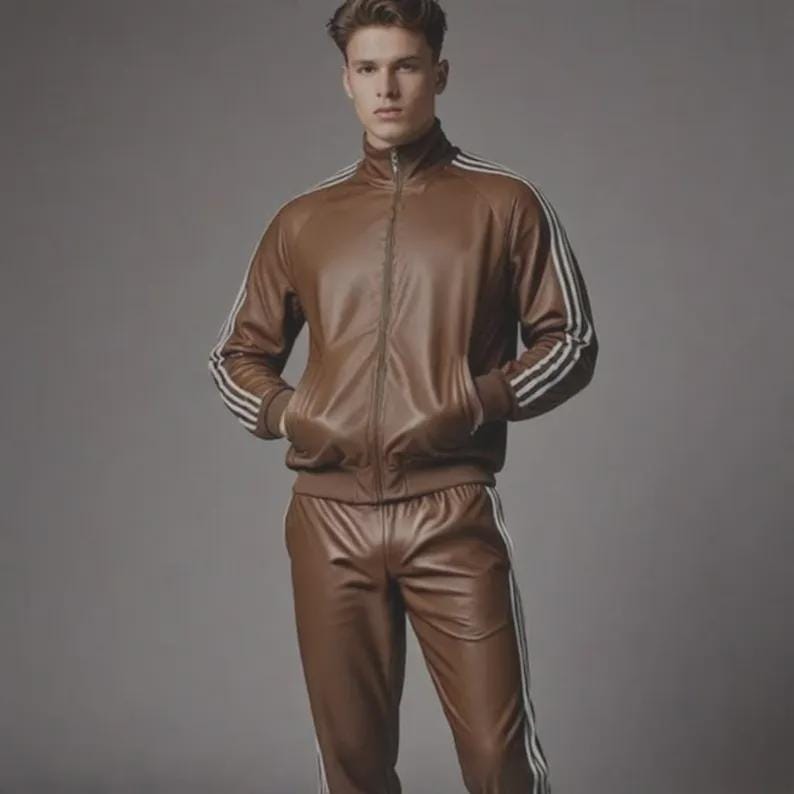 May include: A brown leather tracksuit featuring a zip-up jacket with white stripes on the sleeves and matching pants. The jacket has a high collar and pockets. The tracksuit is made of a shiny material.