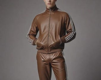 Men's Genuine Leather Tracksuit - Brown Sweatsuit
