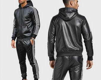 Men's Hooded Black Genuine Leather Tracksuit – Sweatsuit