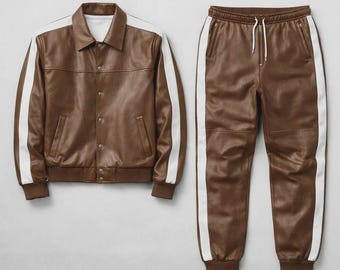 Men's Genuine Leather Tracksuit - Brown Sweatsuit