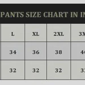 May include: A size chart for men's pants, displaying waist and inseam measurements in inches. The chart includes sizes from XS to 7XL, with waist sizes ranging from 28 to 48 inches and inseam at 32 inches.