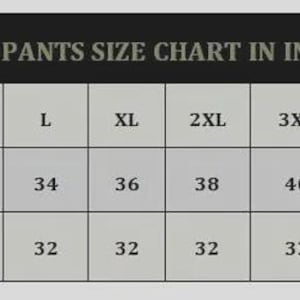 May include: A size chart for men's pants, displaying waist and inseam measurements in inches. The chart includes sizes from XS to 7XL, with waist sizes ranging from 28 to 48 inches and inseam at 32 inches.