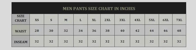 May include: A size chart for men's pants, displaying waist and inseam measurements in inches. The chart includes sizes from XS to 7XL, with waist sizes ranging from 28 to 48 inches and inseam at 32 inches.