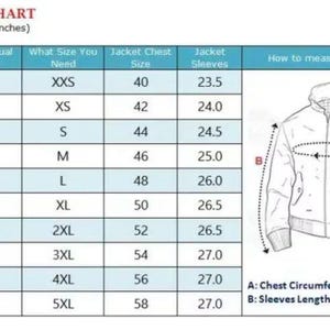 May include: A size chart for men's jackets, with measurements in inches. The chart includes chest size, jacket size, and sleeve length, along with a diagram illustrating how to measure chest circumference and sleeve length.