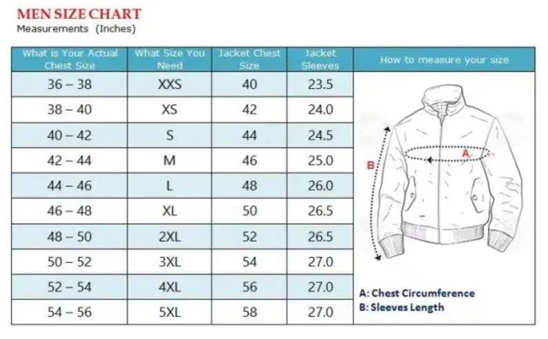 May include: A size chart for men's jackets, with measurements in inches. The chart includes chest size, jacket size, and sleeve length, along with a diagram illustrating how to measure chest circumference and sleeve length.
