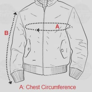 May include: Line drawing of a jacket with labels for chest circumference and sleeve length. The jacket has a zipper closure, two pockets, and a ribbed hem and cuffs. The diagram is used to show how to measure the jacket.