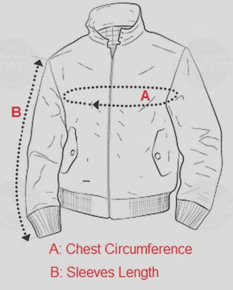 May include: Line drawing of a jacket with labels for chest circumference and sleeve length. The jacket has a zipper closure, two pockets, and a ribbed hem and cuffs. The diagram is used to show how to measure the jacket.