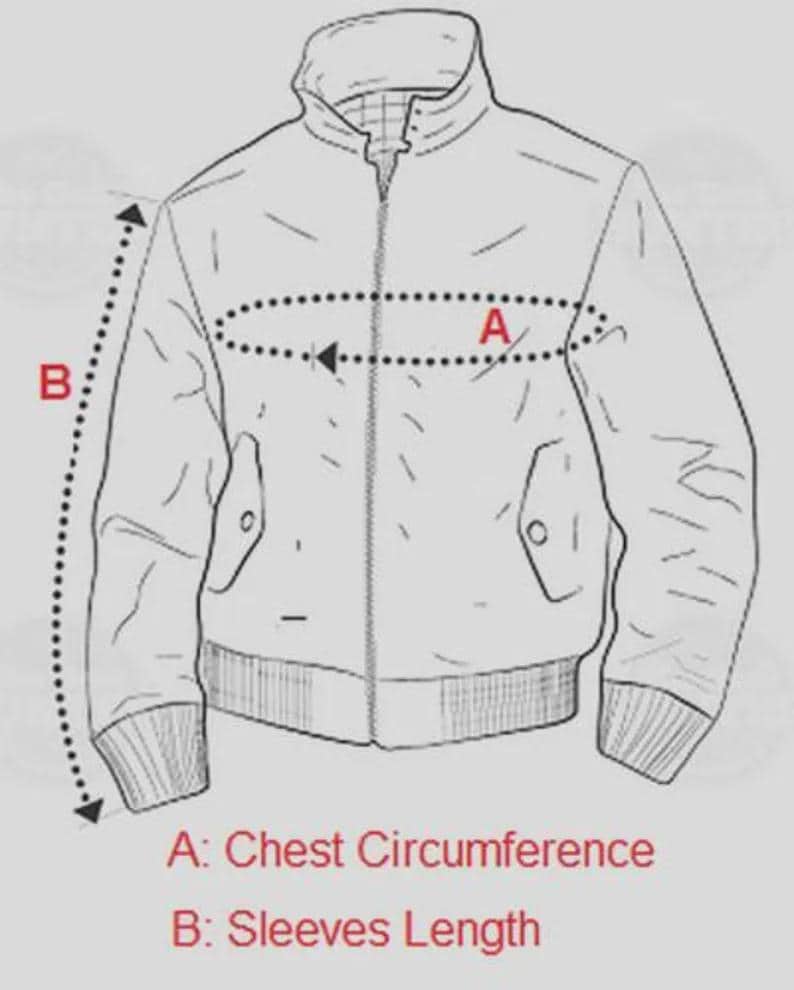 May include: Line drawing of a jacket with measurement labels. The labels indicate "A: Chest Circumference" and "B: Sleeves Length". The jacket has a zipper closure, two pockets, and a ribbed hem and cuffs. The drawing is in black and white.