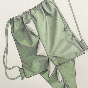 Pode incluir: Mochila verde com cordão e detalhes brancos, projetada para se assemelhar a um dinossauro. O texto "Dino backpack" e "PATTERN PDF" são visíveis. A bolsa tem um fecho de cordão e alças de ombro.