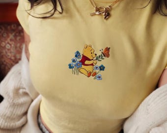 Winnie the Pooh Embroidered Baby Tee, Disney Bear And Butterfly Tee, Pooh Friends Fitted Cropped Shirt, Disneyland Trip Top
