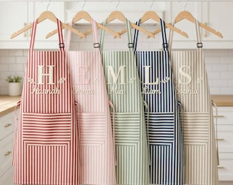 Personalized Apron for women, Custom Striped Apron With Pockets, Embroidered Adult Baking Apron with Adjustable Straps, Gift for Her