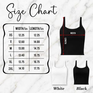 May include: A size chart for a camisole top, with measurements in inches. The chart includes sizes XS to 2XL, with corresponding width and length measurements. The image also shows a black camisole, a white camisole, and a diagram of the camisole with width and length labels.
