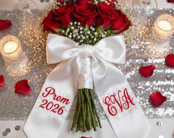 Embroidered Prom Couple Bouquet Ribbon, Graduation Name Ribbon Bouquet Sash, Personalized Monogram Ribbon, Gift for Her