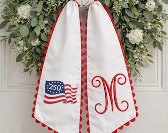 Monogram Wreath Sash with American Flag: Personalized Embroidered Wreath Scarf | Patriotic Summer Door Decor