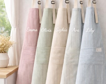 Personalized Striped Kitchen Apron with Name, Custom Cooking Apron with Pocket, Gift for Mom, Bridal Shower Gift for Her