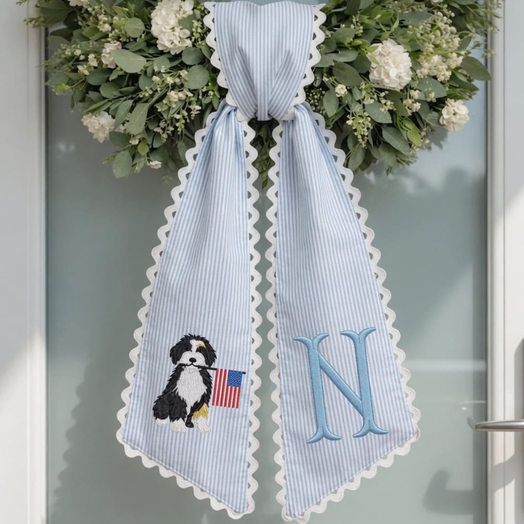 Personalized Monogram Wreath Sash, Embroidered Bernedoodle Dog, American Flag, Striped Door Decor, USA Wreath Sash, 250th Anniversary