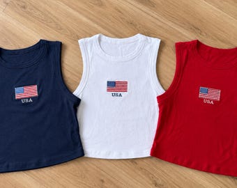 USA Embroidered Crop Tank Top 4th of July Summer Baby Tee
