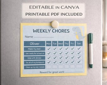 Editable Kids Chore Chart Canva Template | Printable Weekly Chore Chart for Kids | Routine Chart | Dinosaur Chore Tracker | Digital Download
