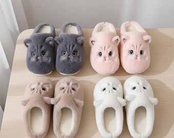 Fuzzy Slippers for Women – Fluffy Cat Slippers, Plush Animal House Shoes | House Slippers, Cat lover Gift for Her, Valentines Day Gift