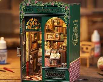 Owl Bookstore DIY Book Nook Kit | 3D Wooden Puzzle – DIY Miniature Library Scene, Bookshelf Decor Gift for Book Lovers Valentine Gift