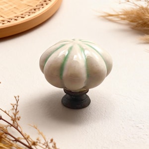 Puede incluir: Pomo de armario de cerámica blanca y verde con diseño de calabaza. El pomo tiene una base de bronce oscuro. Herrajes decorativos para muebles.