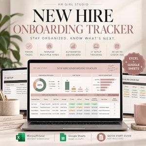 May include: A digital New Hire Onboarding Tracker template for Excel and Google Sheets displayed on a laptop screen. The dashboard features charts, progress bars, and employee task tables with pink and green accents. Includes a PDF guide.