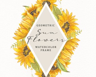 Single PNG Watercolor Clip Art - Sunflower Diamond, A4 and 8.5 x 11 Frame