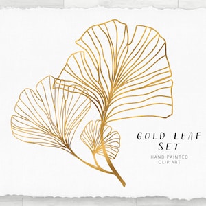 Aquarel PNG Clip Art Set - Gouden Gingko Leaf, Set van twee, transparante individuele PNG