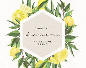 Single PNG Watercolor Clip Art - Lemon Hexagon, A4 and 8.5 x 11 Frame