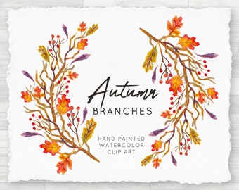 Rustic Watercolor Wreath Clipart - Autumn Branches, Transparent Individual PNG