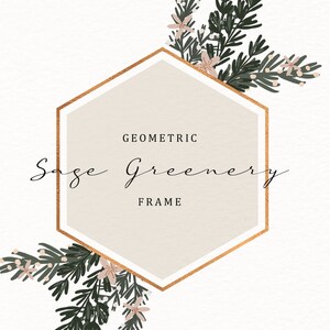 Single PNG Watercolor Clip Art - Sage Greenery Hexagon, A4 and 8.5 x 11 Frame