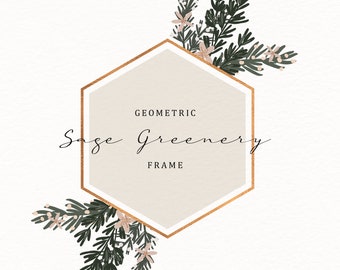 Single PNG Watercolor Clip Art - Sage Greenery Hexagon, A4 and 8.5 x 11 Frame