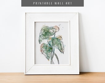 Instant Printable Wall Art -  Botanical Illustration, Monstera Leaves, Water Plant No 3