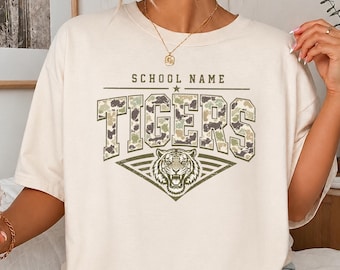 Custom School Mascot Camo Comfort Colors® Shirt, Personalized Team Spirit Tee, School Mascot Shirt,Football Baseball Softball Game Day Shirt