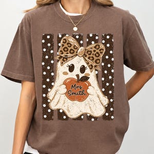 Comfort Colors® Custom Teacher Ghost Shirt, Personalized Name Apple Tee, Leopard Bow Halloween T Shirt, Fall Teacher Gift