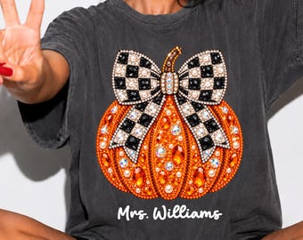 Comfort Colors® Custom Faux Rhinestone Teacher Halloween Shirt, Personalized Name Pumpkin Tee, Checkered Bow Spooky Season Tee, Teacher Gift