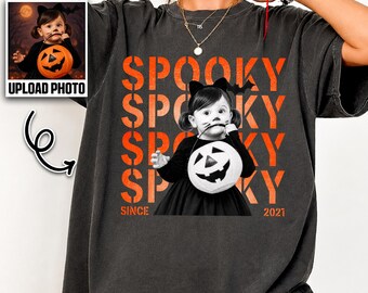Comfort Colors® Custom Photo Halloween Shirt, Personalized Spooky Since Year Tee, Kids Halloween Picture Shirt, Retro Spooky Season T Shirt