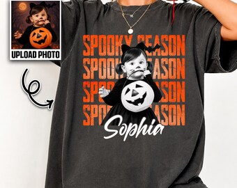 Comfort Colors® Custom Photo Halloween Shirt, Personalized Spooky Season Tee, Kids Halloween Shirt, Custom Name Boo Crew T Shirt